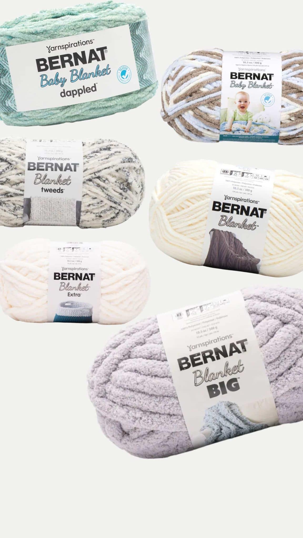 Bernat polyester yarn — Baby Velvet, Crushed Velvet, and Pipsqueak for knitting and crocheting